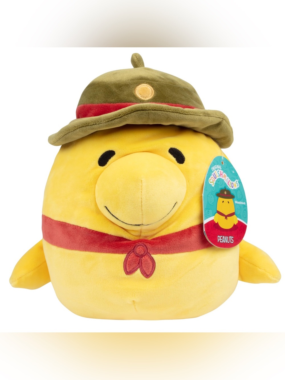 Squishmallows Yellow Woodstock Plush with Olive Hat and Red Scarf